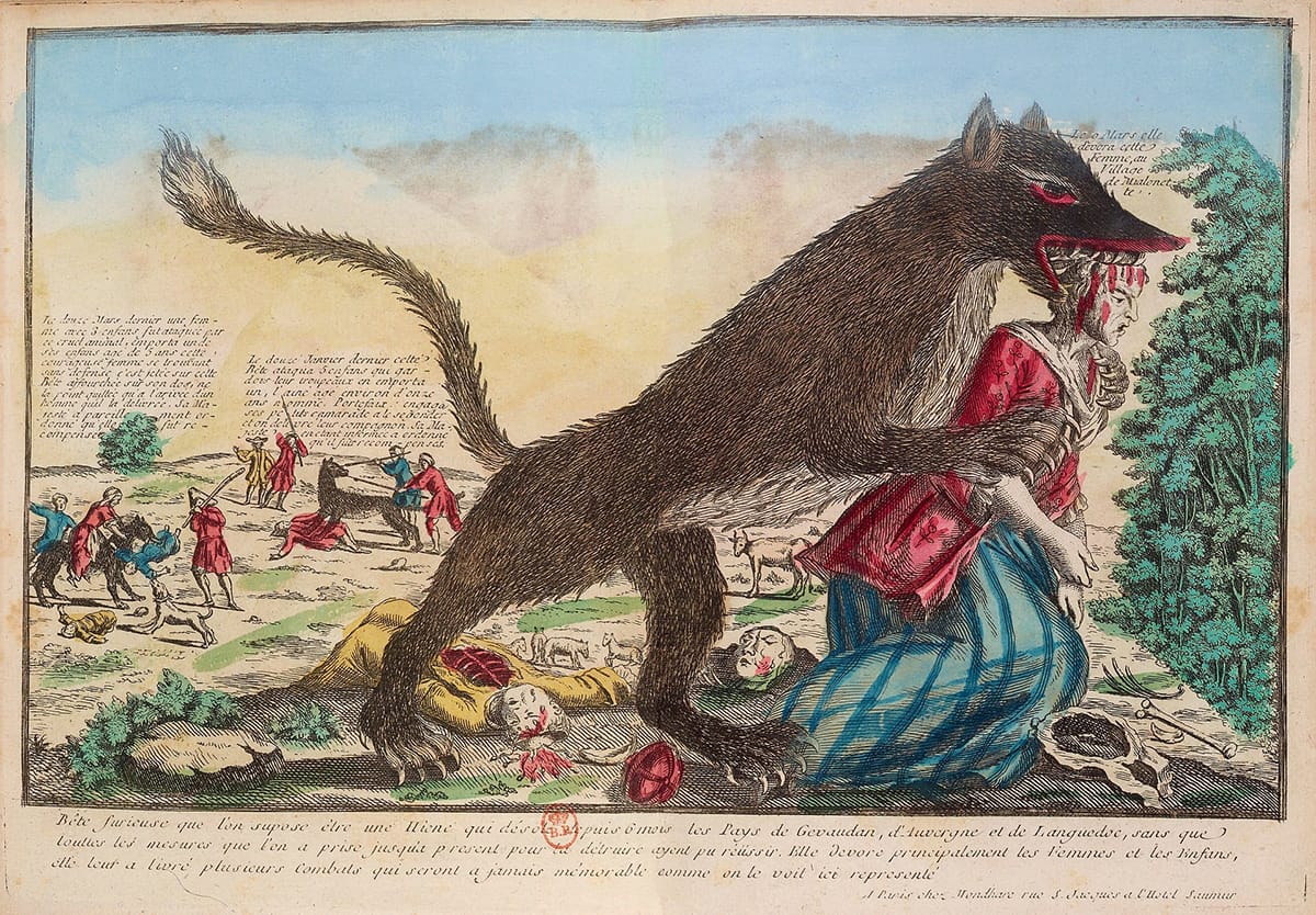 Image d'illustration : Représentation de la Bête furieuse que l'on suppose être une hyène.... Estampe coloriée, BnF, recueil Magné de Marolles, vers 1765.
